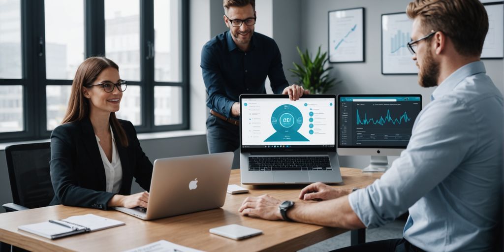 Team discussing AI voice solutions in office.