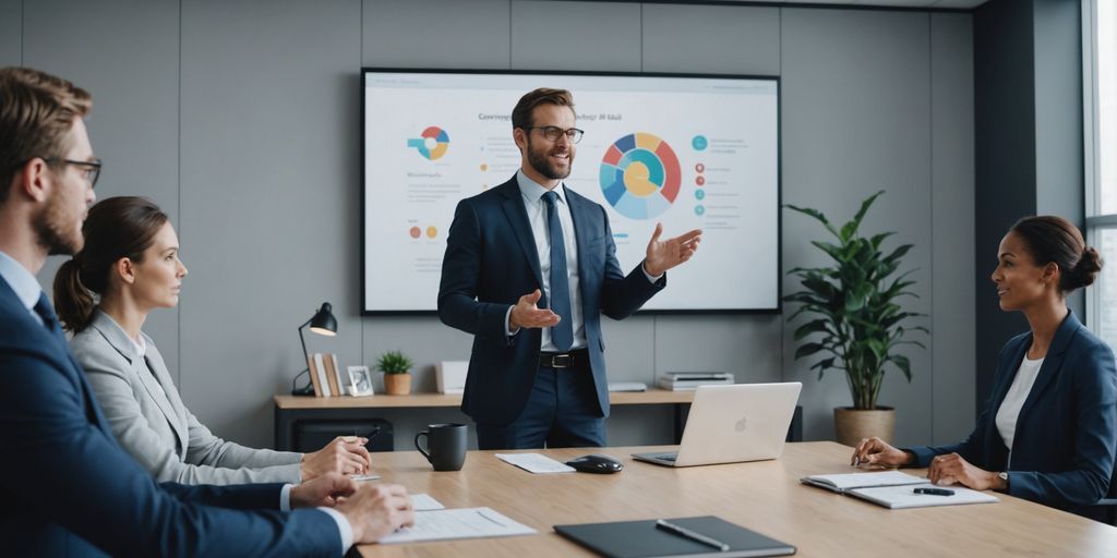 Professional presenting AI tools to clients