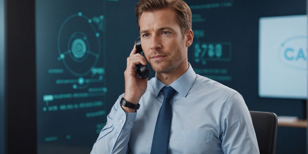 Professional calmly talking on phone with AI background