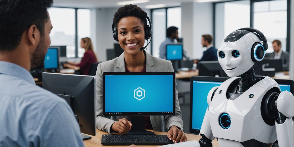 AI robot and customer service rep smiling