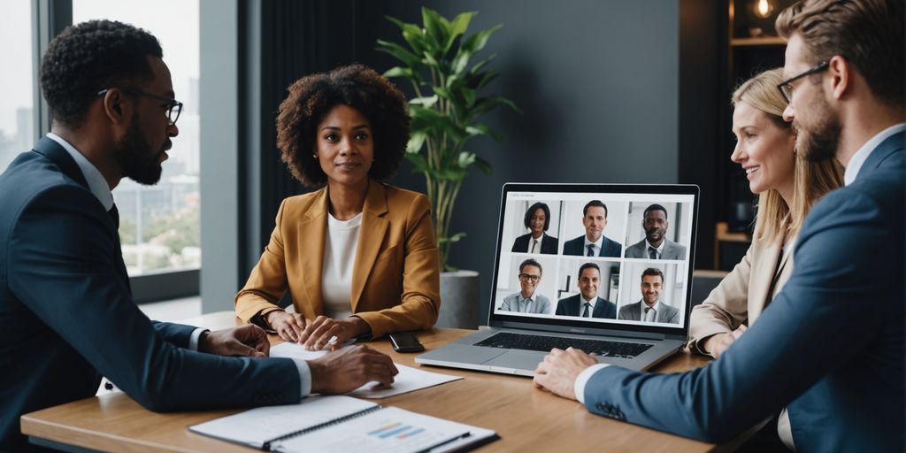 Business meeting discussing AI platform features.