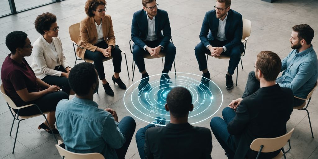 People in a circle discussing with AI overlay.