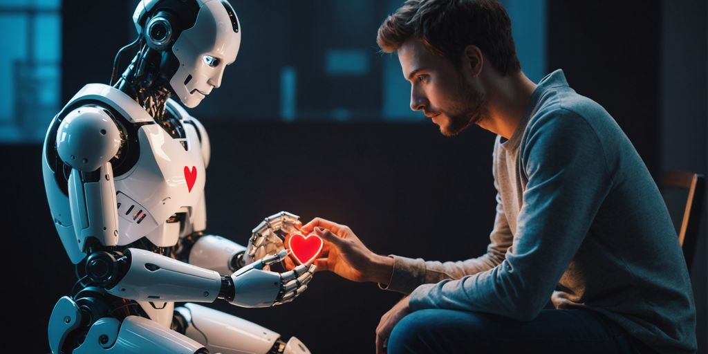 Human and robot with glowing heart between them.