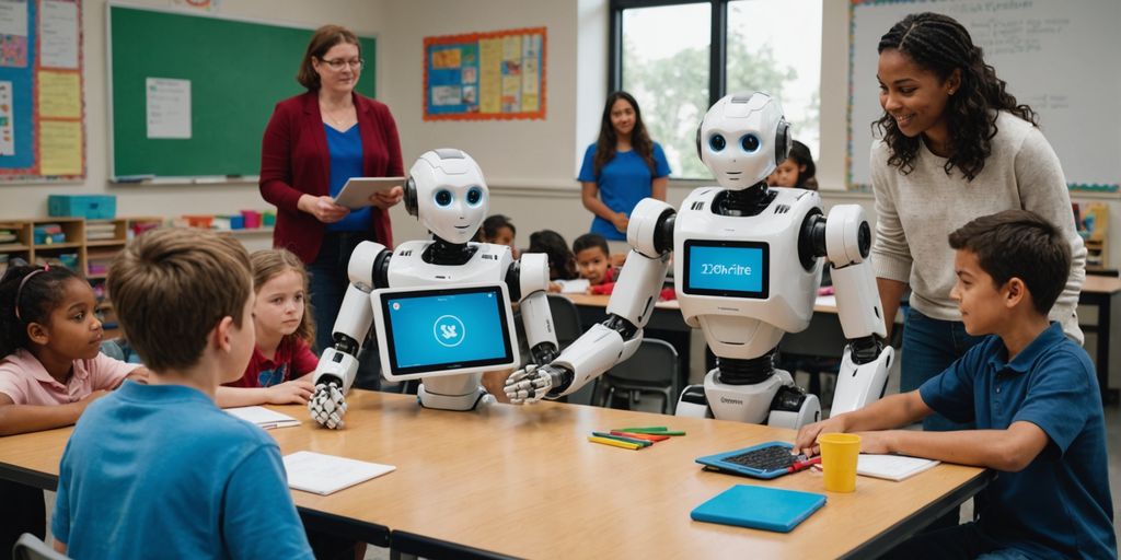 Students and robot interacting in classroom