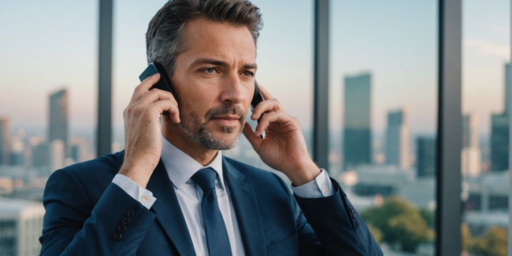 Calm professional on phone with serene background