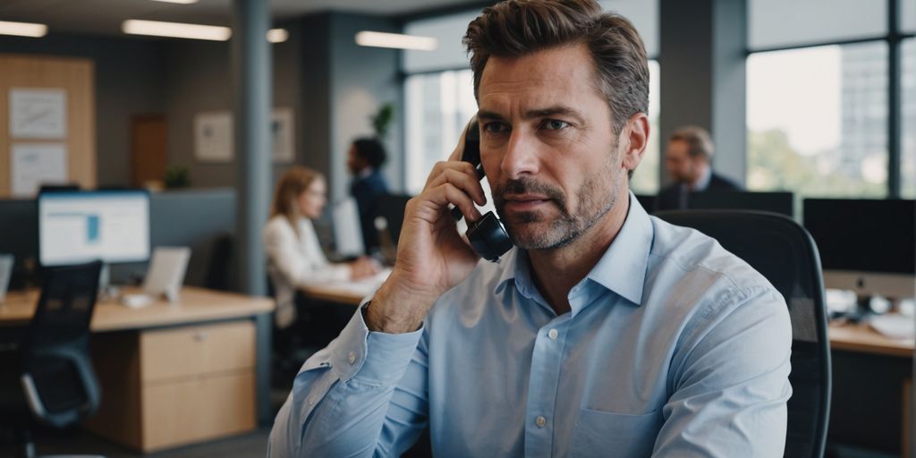 Businessperson confidently talking on phone in modern office.