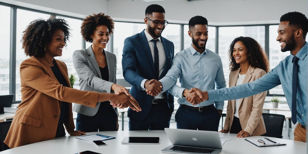 Business professionals celebrating success in modern office.