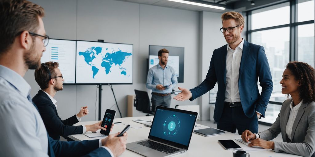 Businessperson presenting AI phone systems to colleagues.