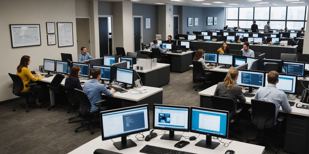 Office with people using AI phone systems.