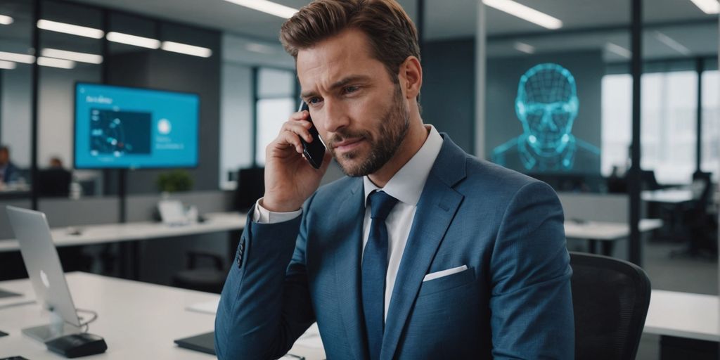 Professional on phone with AI hologram in office