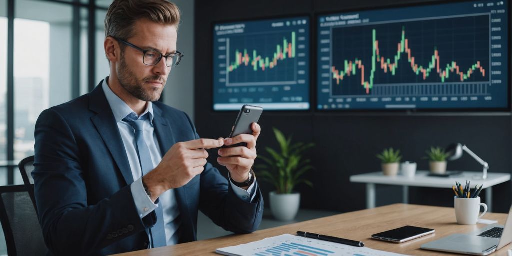 Businessperson with smartphone and digital growth charts.