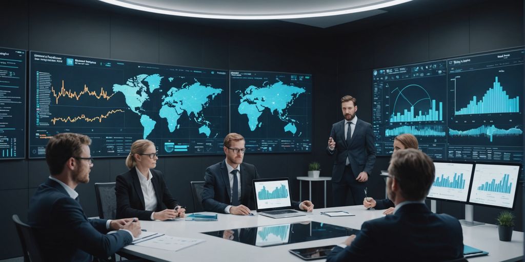 Professionals discussing AI strategies with holographic charts.