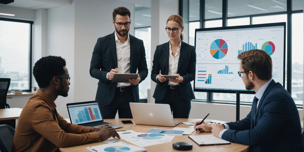 Team discussing AI tools in modern office.