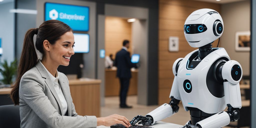 AI robot assisting customer at service desk