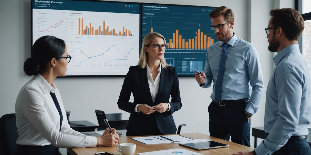 Business team discussing strategies in modern office.