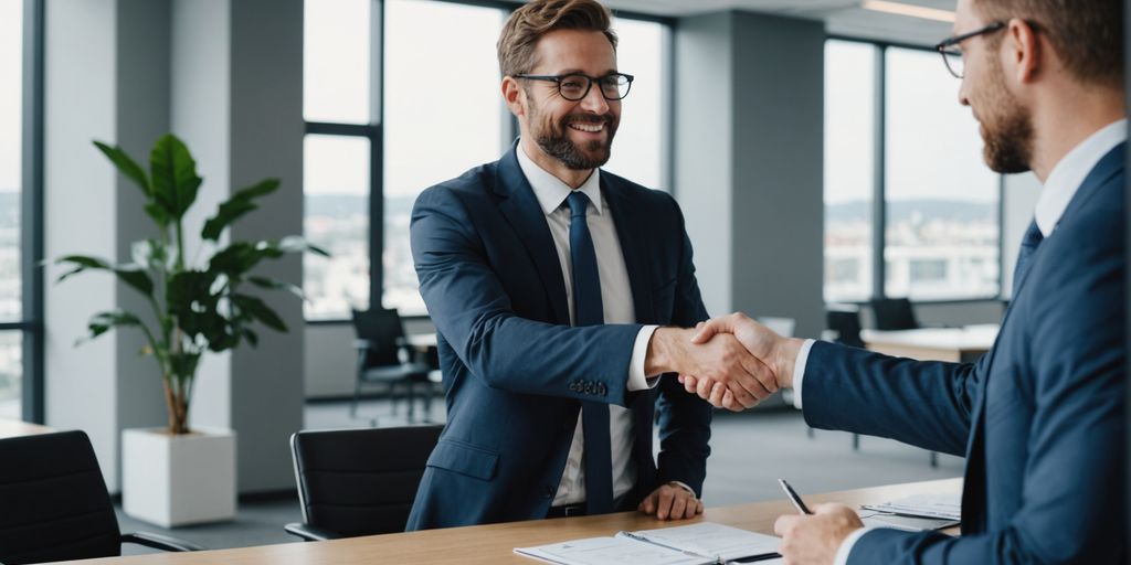 Businessperson shaking hands with client in office.