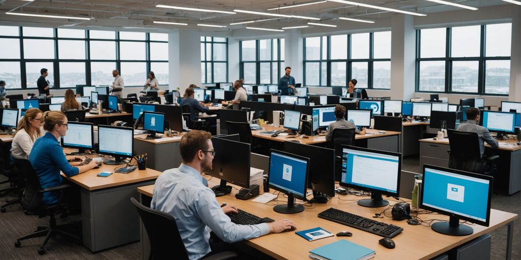 Professionals working in a busy office environment.