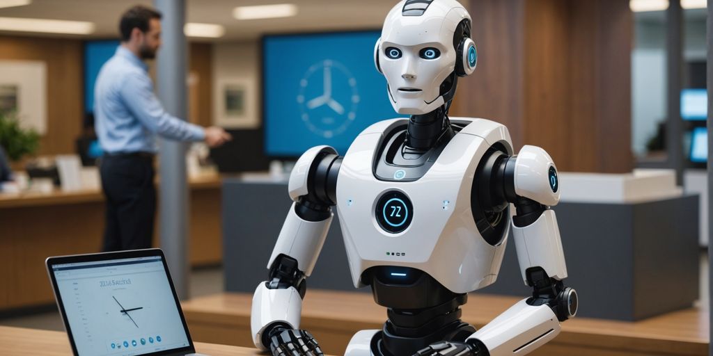 AI robot helping customer with clock in background