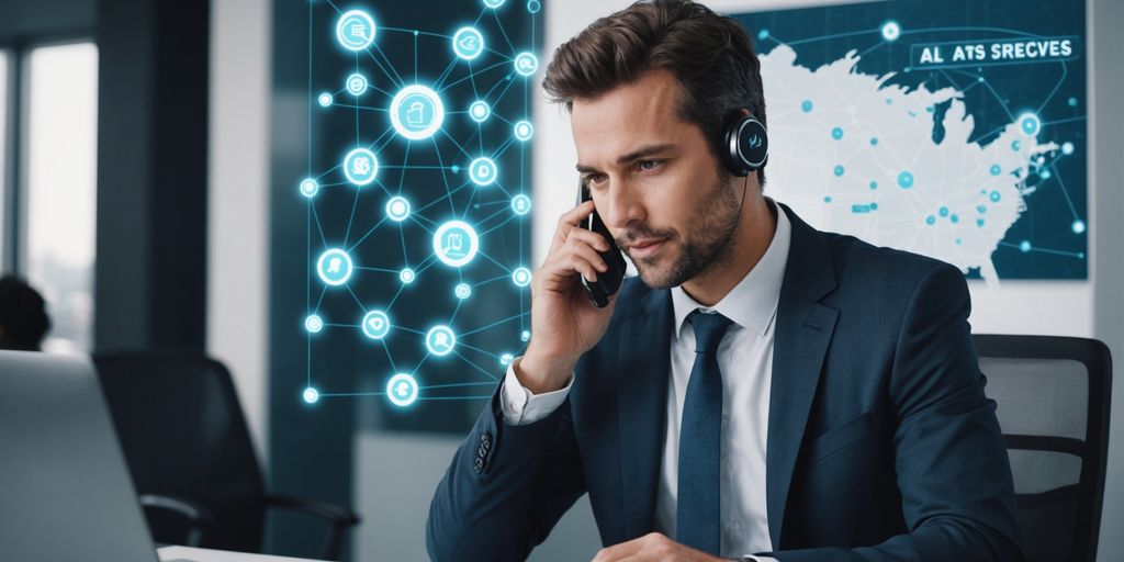 Businessperson on phone with AI graphics