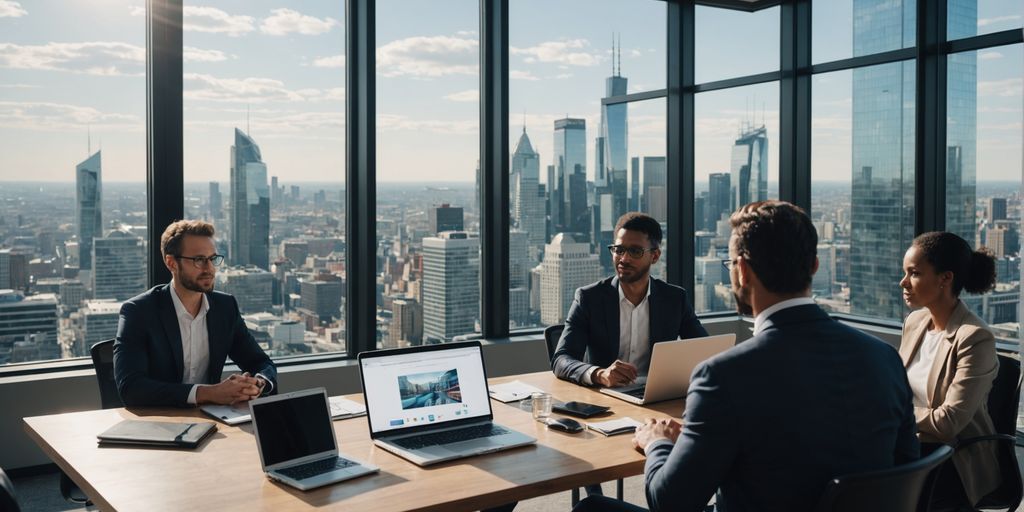Diverse team discussing AI solutions in a meeting.