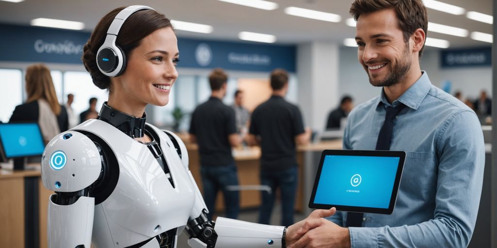 AI robot assisting customer at service desk