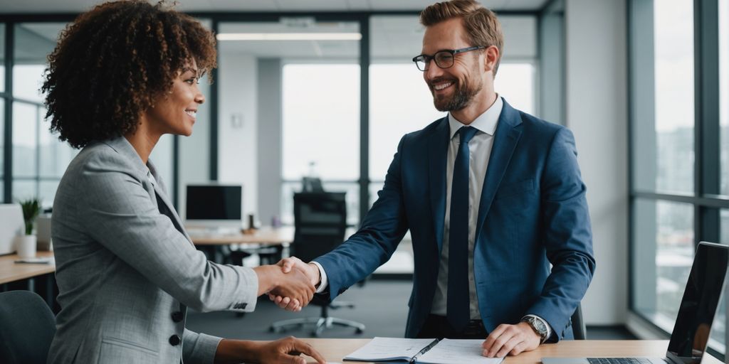 Business handshake in modern office setting