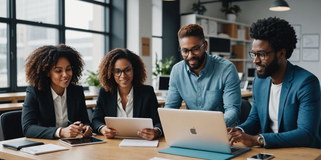Professionals collaborating in a modern office with technology.