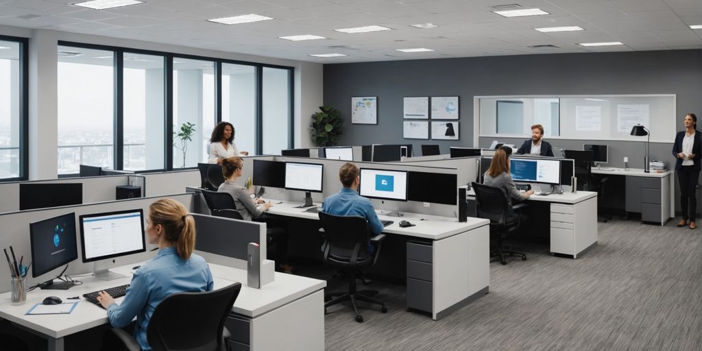 AI receptionists assisting clients in a modern office.