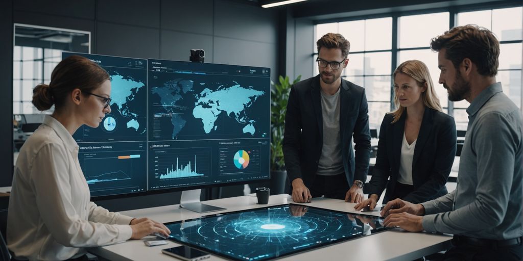 Team collaborating on AI solutions with holographic displays.