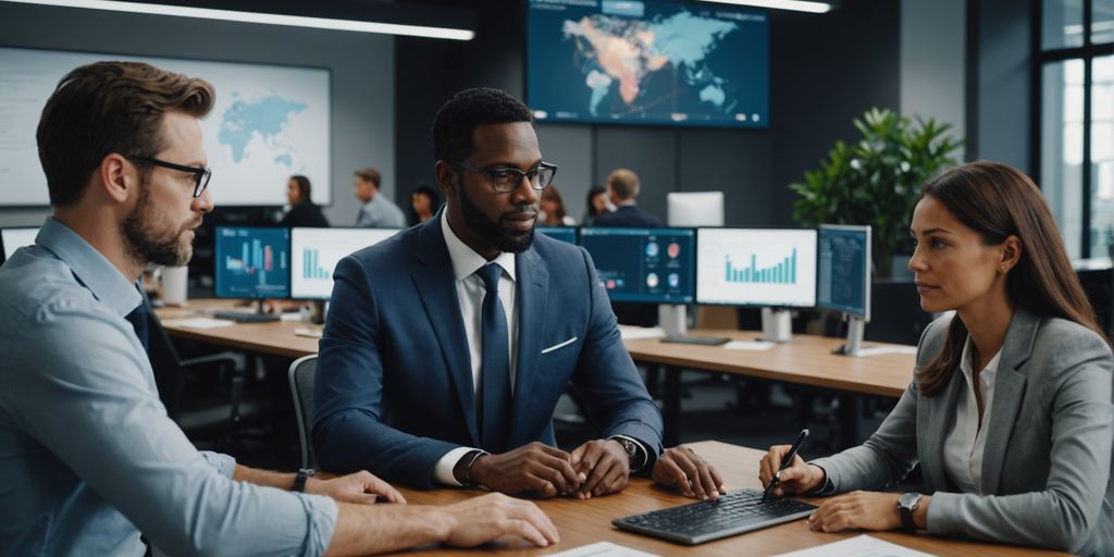 Team collaborating on AI technology in modern office.