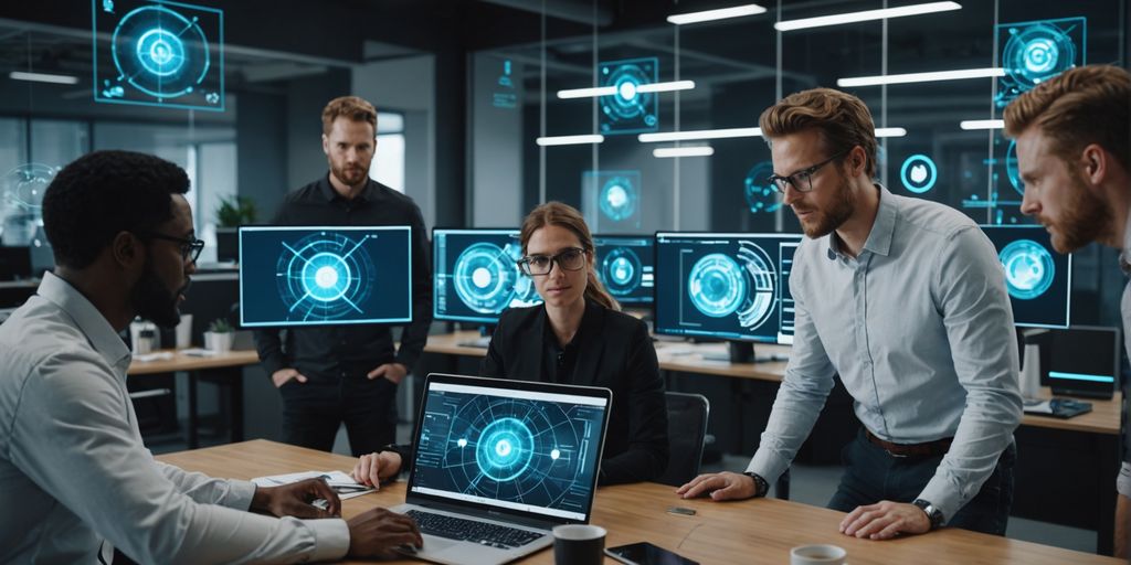 Team using AI technology in modern office