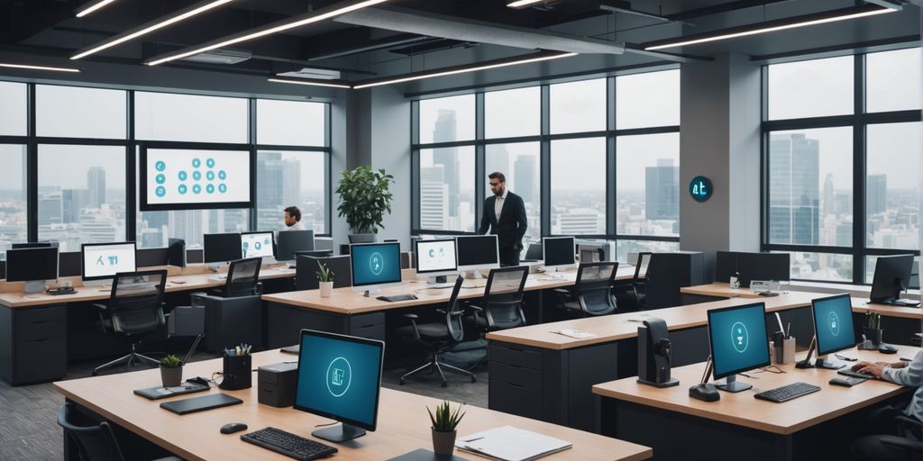 Professionals using AI call handling in a modern office.