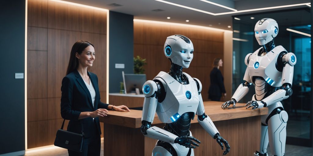 Robot receptionist greeting a visitor in a modern office