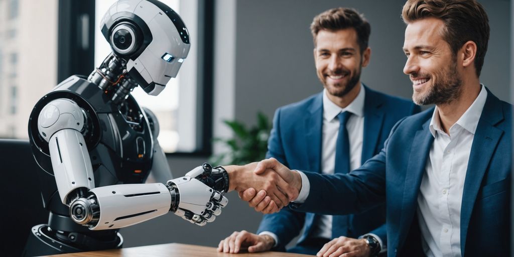 Business professional shaking hands with a robot.
