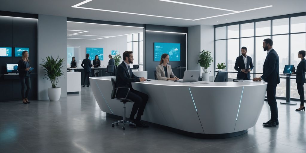AI receptionist in modern office lobby with people