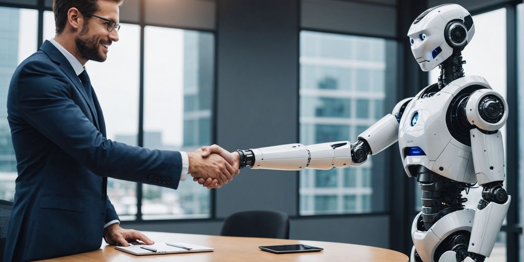Human and robot shaking hands in office