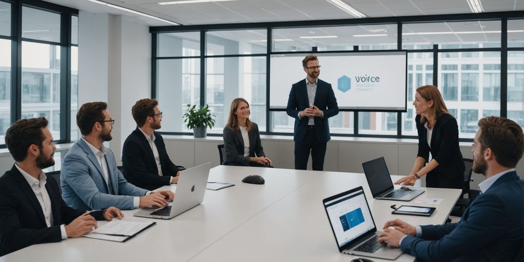 Business professional presenting AI voice technology solutions.