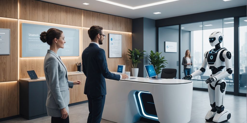 AI robot receptionist greeting a human visitor