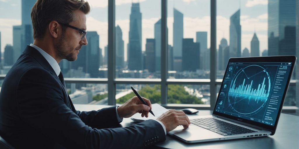 Professional analyzing graphs with futuristic cityscape.