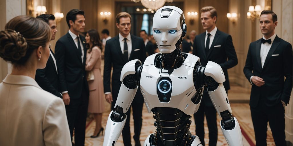 AI robot engaging with VIPs in a luxurious setting