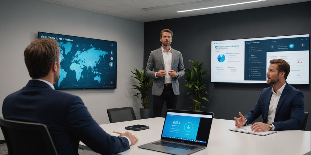 Professional presenting AI voice tech to clients.