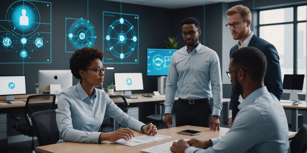 Business team with AI holograms in modern office.