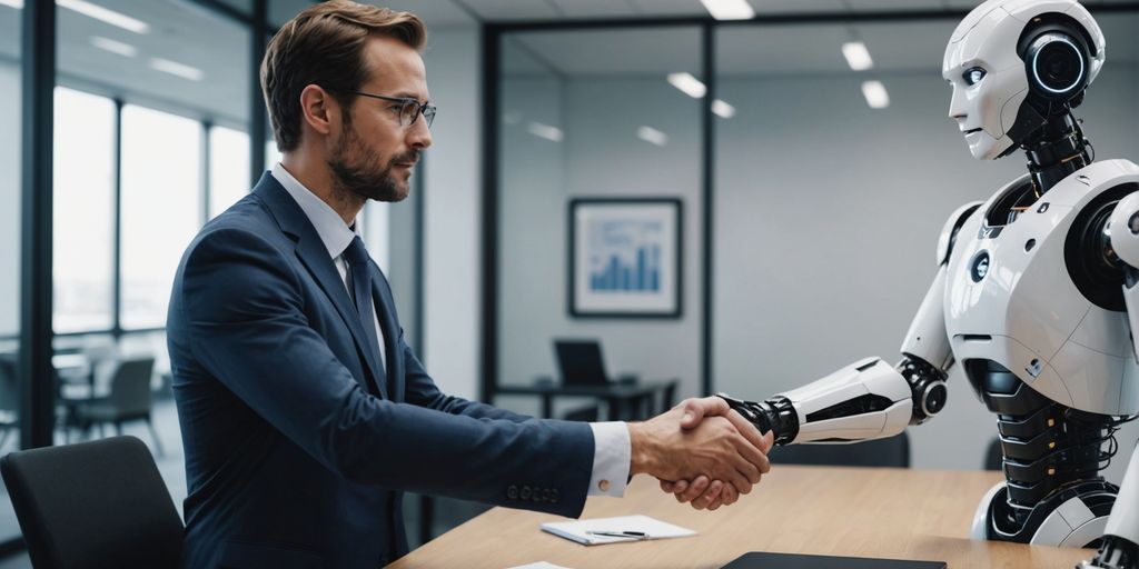 AI robot shaking hands with business executive