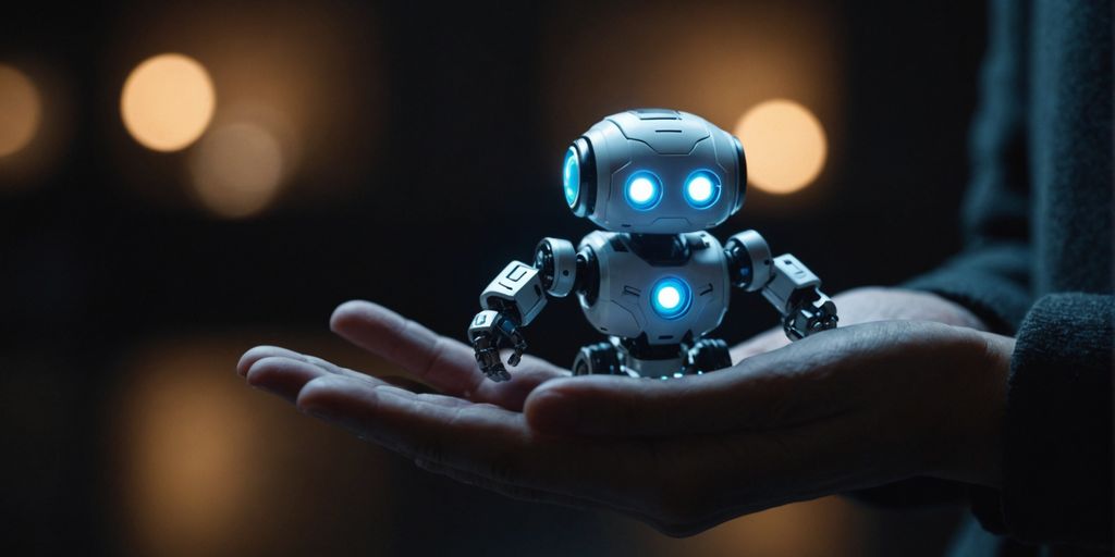 Hand holding glowing AI robot, symbolizing empathy.