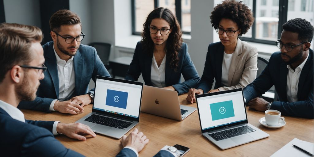 Professionals collaborating around a laptop.