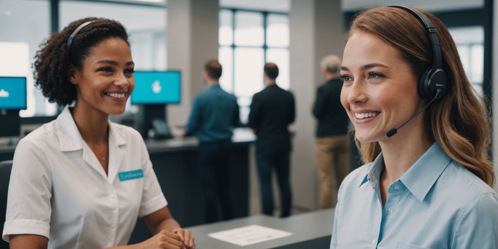 AI receptionist smiling, human showing empathy.