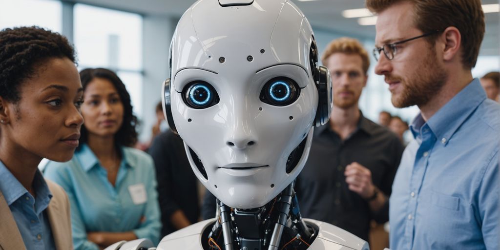 Humanoid robot interacting with people in an office.