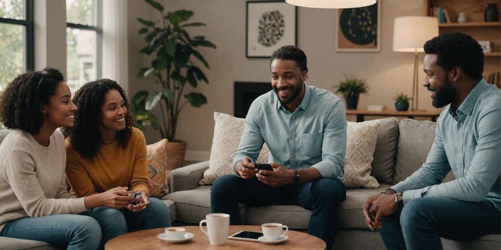 People interacting with a friendly AI assistant.