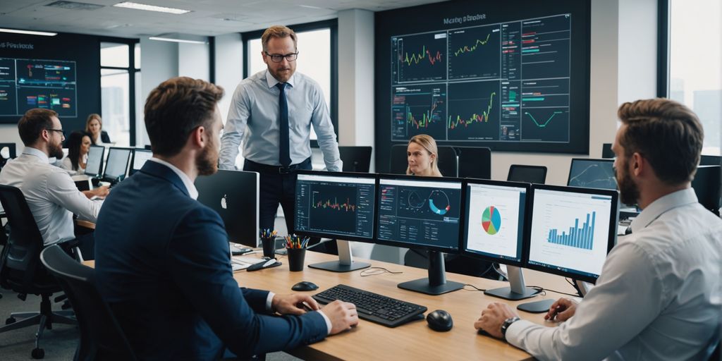 Business team analyzing AI data on computer screens.