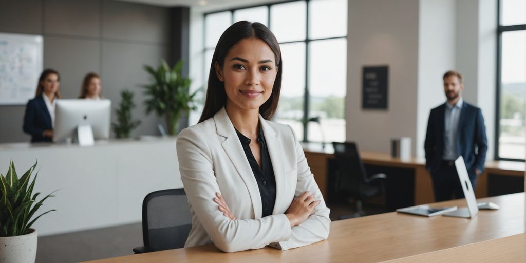 AI receptionist behind a modern office desk
